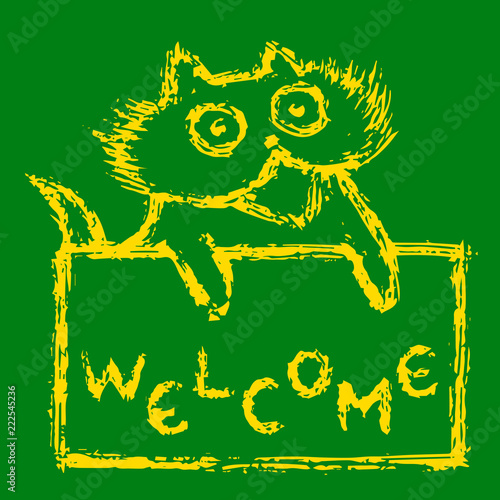 Cute fur friendly cat with welcome. Vector illustration.