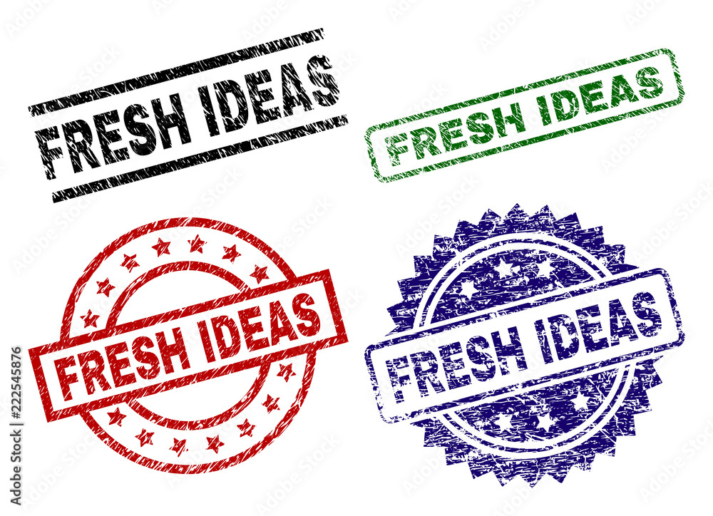 FRESH IDEAS seal prints with corroded surface. Black, green,red,blue vector rubber prints of FRESH IDEAS label with retro surface. Rubber seals with round, rectangle, rosette shapes. FRESH IDEAS seal prints with corroded surface. Black, green,red,blue vector rubber prints of FRESH IDEAS label with retro surface. Rubber seals with round, rectangle, rosette shapes.