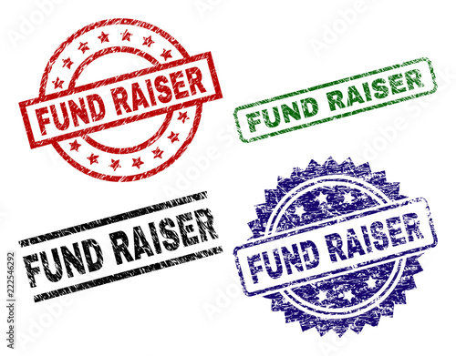 FUND RAISER seal prints with damaged texture. Black, green,red,blue vector rubber prints of FUND RAISER text with corroded texture. Rubber seals with round, rectangle, medal shapes.