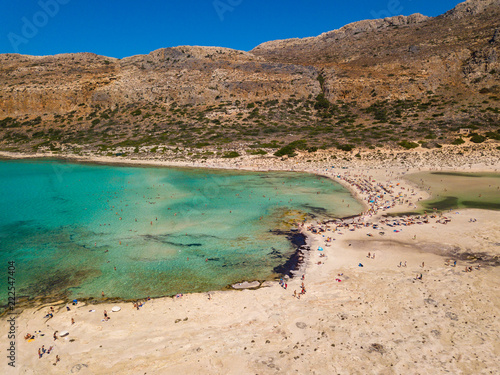Aerial view to the beautiful bay and peninsula of Gramvousa and Balos lagoon. Amazing wallpaper, photo from drone. Crete, Greece. © umike_foto