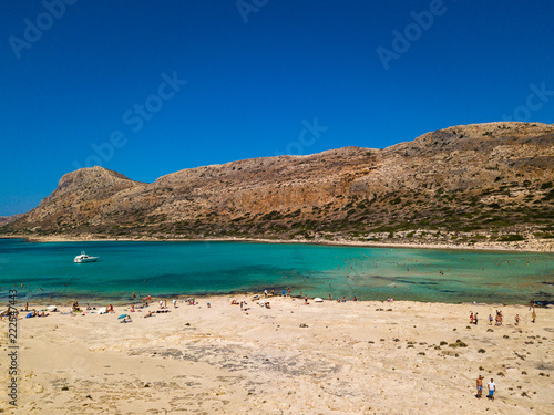Aerial view to the beautiful bay and peninsula of Gramvousa and Balos lagoon. Amazing wallpaper, photo from drone. Crete, Greece.