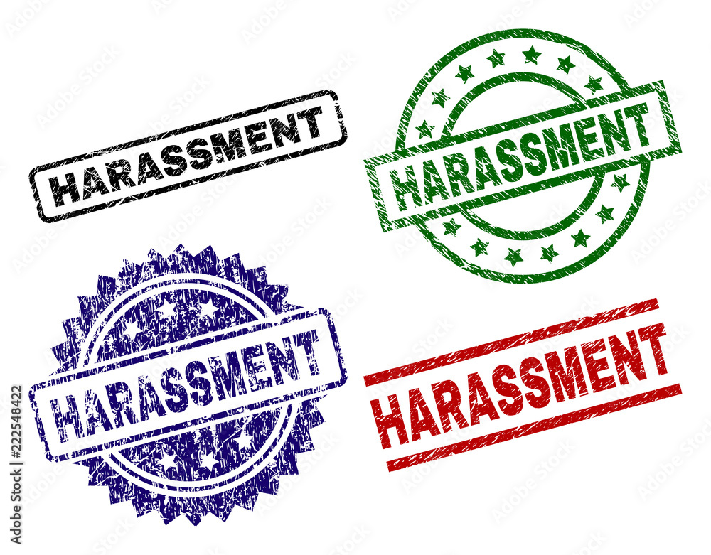 HARASSMENT seal prints with damaged texture. Black, green,red,blue vector rubber prints of HARASSMENT title with dirty texture. Rubber seals with round, rectangle, rosette shapes. HARASSMENT seal prints with damaged texture. Black, green,red,blue vector rubber prints of HARASSMENT title with dirty texture. Rubber seals with round, rectangle, rosette shapes.