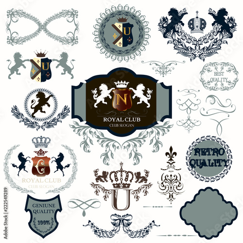 Big collection of vector antique heraldic elements for design in vintage style