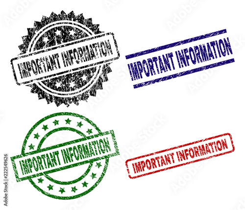 IMPORTANT INFORMATION seal prints with corroded texture. Black, green,red,blue vector rubber prints of IMPORTANT INFORMATION tag with unclean texture. Rubber seals with circle, rectangle,