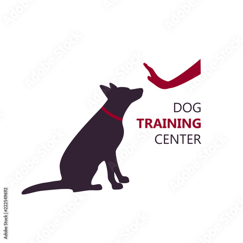 Dog training center logo template with sitting dog silhouette. Vector Illustration.