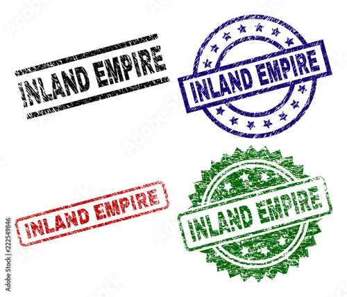 INLAND EMPIRE seal stamps with corroded style. Black, green,red,blue vector rubber prints of INLAND EMPIRE tag with corroded style. Rubber seals with round, rectangle, rosette shapes.