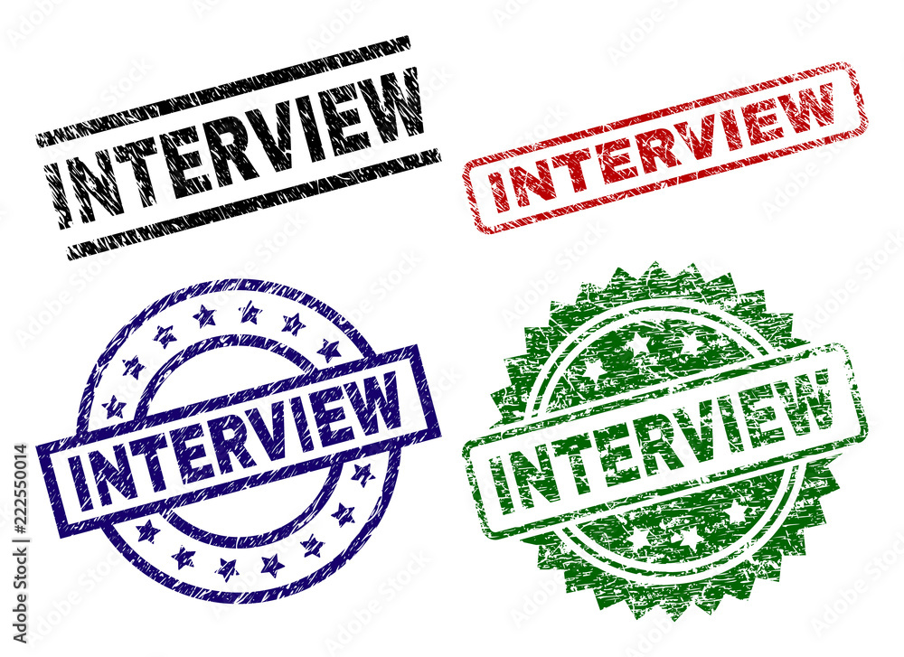INTERVIEW seal imprints with distress surface. Black, green,red,blue vector rubber prints of INTERVIEW tag with unclean surface. Rubber seals with round, rectangle, rosette shapes.