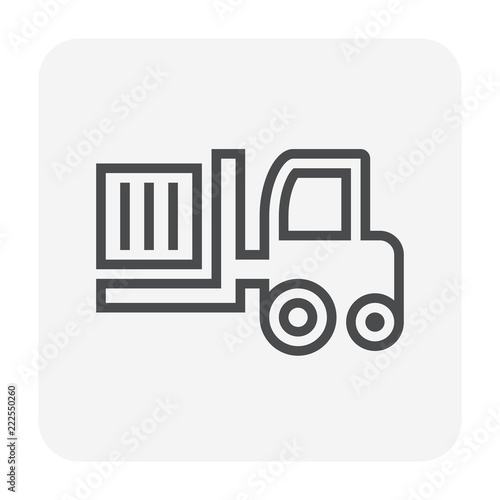 Forklift vector icon. May called fork or lift truck. Elevator machine equipment or vehicle for industry at storage, port, warehouse and factory by lift up, raise and delivery cargo. Editable stroke.