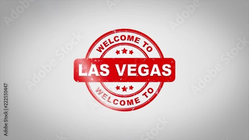 Welcome to LAS VEGAS Signed Stamping Text Wooden Stamp Animation. Red Ink on Clean White Paper Surface Background with Green matte Background Included.