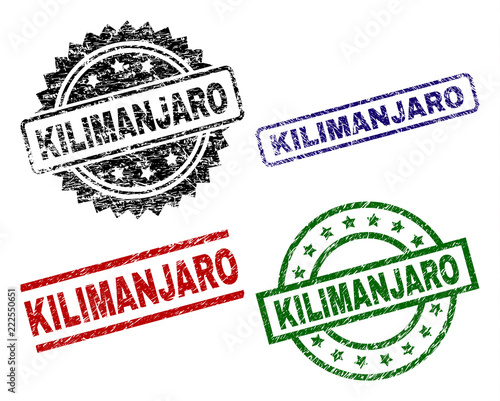 KILIMANJARO seal prints with distress style. Black, green,red,blue vector rubber prints of KILIMANJARO caption with dirty style. Rubber seals with circle, rectangle, medallion shapes.