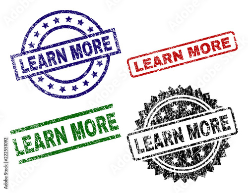 LEARN MORE seal prints with distress texture. Black, green,red,blue vector rubber prints of LEARN MORE title with corroded style. Rubber seals with round, rectangle, medal shapes.