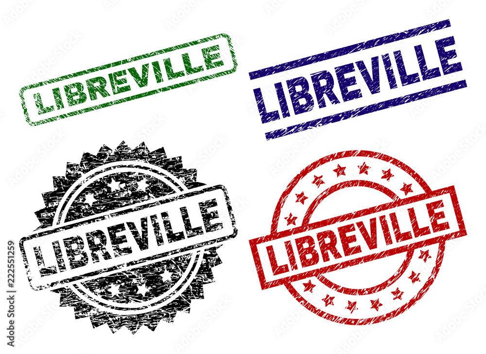 LIBREVILLE seal prints with corroded texture. Black, green,red,blue vector rubber prints of LIBREVILLE label with scratched texture. Rubber seals with circle, rectangle, rosette shapes. LIBREVILLE seal prints with corroded texture. Black, green,red,blue vector rubber prints of LIBREVILLE label with scratched texture. Rubber seals with circle, rectangle, rosette shapes.