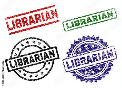 LIBRARIAN seal prints with damaged surface. Black, green,red,blue vector rubber prints of LIBRARIAN caption with dirty surface. Rubber seals with circle, rectangle, medallion shapes.