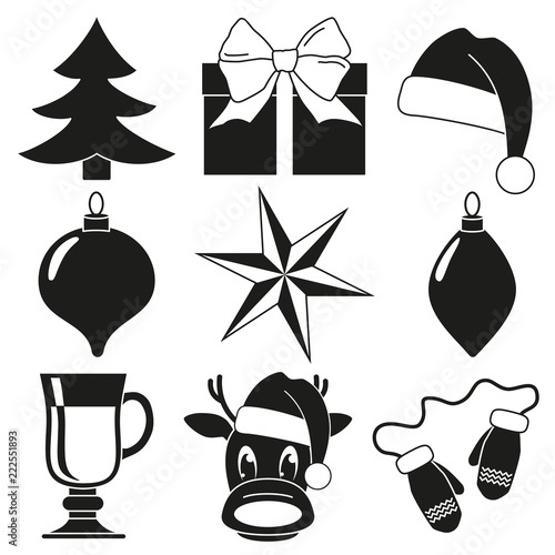 Black and white 9 christmas elements set