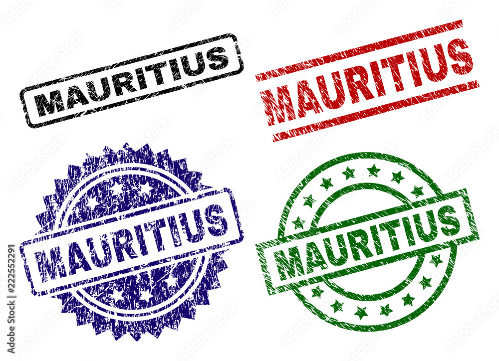 MAURITIUS seal prints with damaged surface. Black, green,red,blue vector rubber prints of MAURITIUS caption with dirty surface. Rubber seals with circle, rectangle, medallion shapes. MAURITIUS seal prints with damaged surface. Black, green,red,blue vector rubber prints of MAURITIUS caption with dirty surface. Rubber seals with circle, rectangle, medallion shapes.