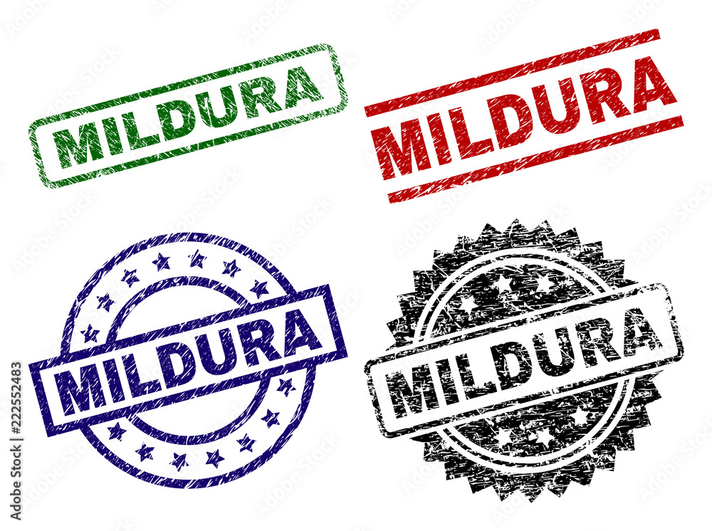 MILDURA seal prints with distress style. Black, green,red,blue vector rubber prints of MILDURA title with dirty style. Rubber seals with round, rectangle, medal shapes. MILDURA seal prints with distress style. Black, green,red,blue vector rubber prints of MILDURA title with dirty style. Rubber seals with round, rectangle, medal shapes.