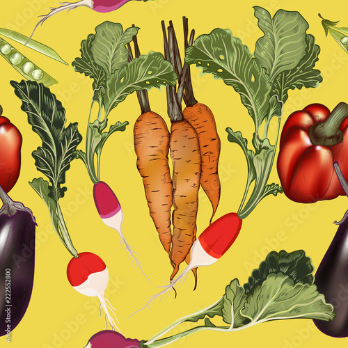 Beautiful vector food pattern from vegetables carrot, radish and other