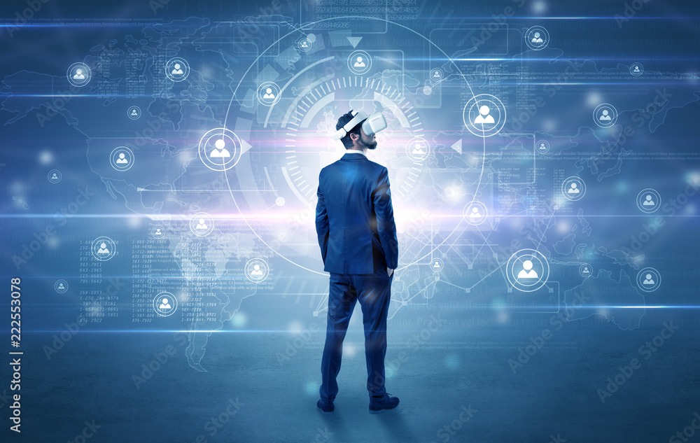 Manager with vr headset and social network research concept
Manager with vr headset and social network research concept