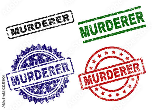 MURDERER seal prints with corroded surface. Black, green,red,blue vector rubber prints of MURDERER title with grunge surface. Rubber seals with round, rectangle, medallion shapes.