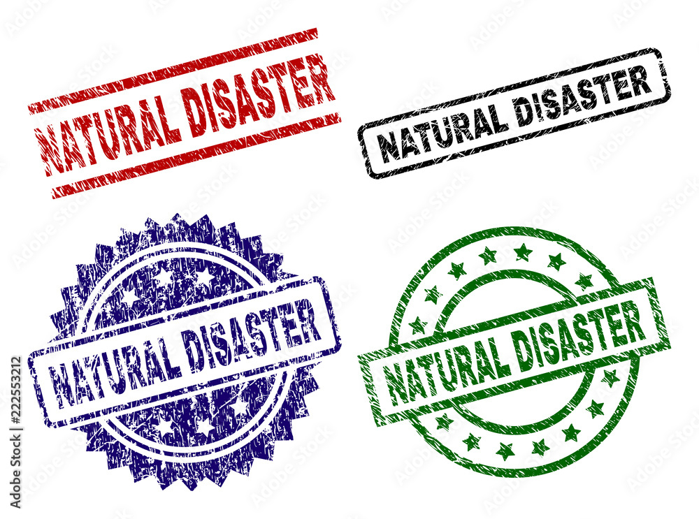 NATURAL DISASTER seal prints with damaged texture. Black, green,red,blue vector rubber prints of NATURAL DISASTER title with unclean texture. Rubber seals with circle, rectangle, medal shapes. NATURAL DISASTER seal prints with damaged texture. Black, green,red,blue vector rubber prints of NATURAL DISASTER title with unclean texture. Rubber seals with circle, rectangle, medal shapes.