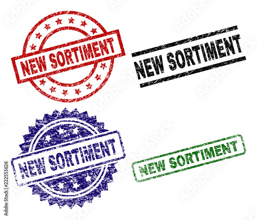 NEW SORTIMENT seal prints with distress style. Black, green,red,blue vector rubber prints of NEW SORTIMENT text with dirty style. Rubber seals with round, rectangle, rosette shapes.