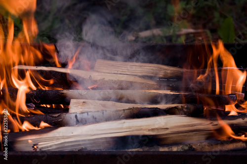 Closeup shot of firewood burning in a barbecue grill. Fire, wood and smoke. Summer evening. Grill for a party with a barbecue. Background