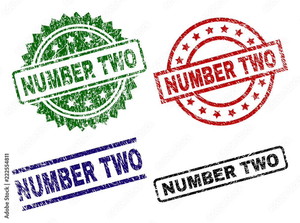NUMBER TWO seal stamps with corroded texture. Black, green,red,blue vector rubber prints of NUMBER TWO text with retro texture. Rubber seals with round, rectangle, medallion shapes. NUMBER TWO seal stamps with corroded texture. Black, green,red,blue vector rubber prints of NUMBER TWO text with retro texture. Rubber seals with round, rectangle, medallion shapes.