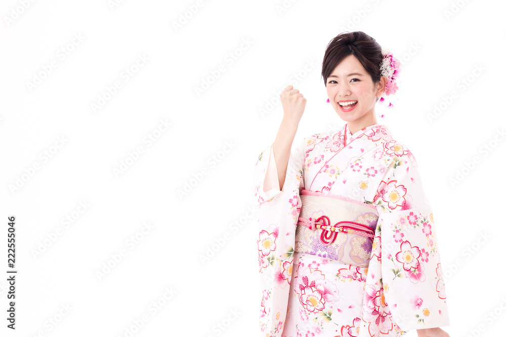 portrait of young asian woman wearing pink kimono on white background portrait of young asian woman wearing pink kimono on white background