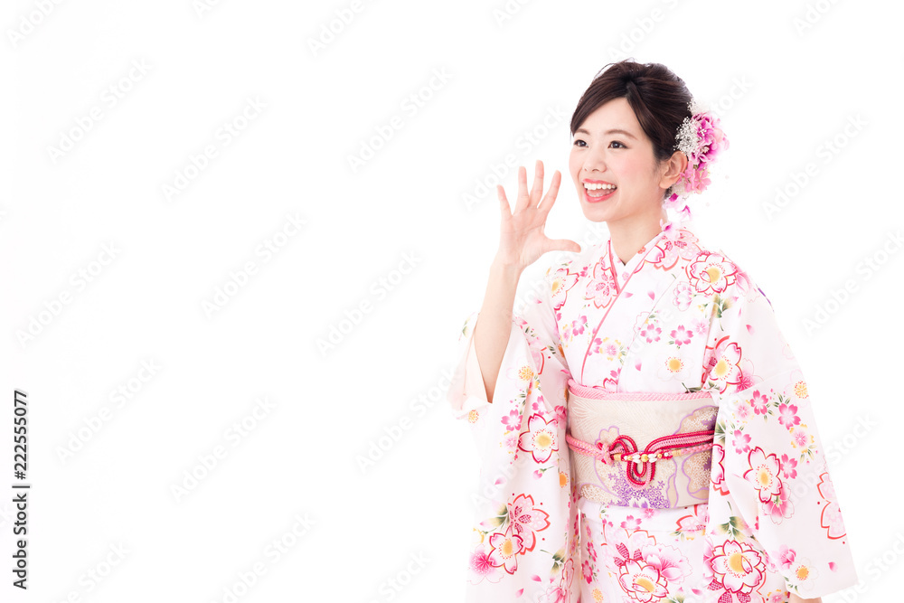 portrait of young asian woman wearing pink kimono on white background portrait of young asian woman wearing pink kimono on white background