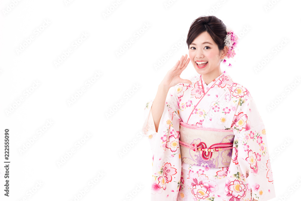 portrait of young asian woman wearing pink kimono on white background portrait of young asian woman wearing pink kimono on white background
