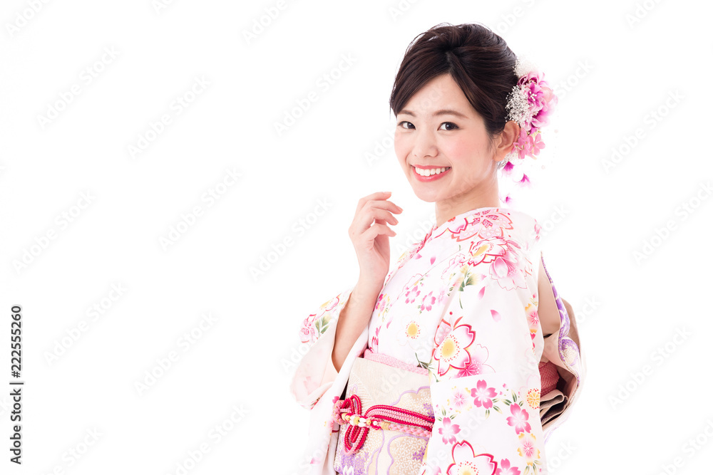 portrait of young asian woman wearing pink kimono on white background portrait of young asian woman wearing pink kimono on white background