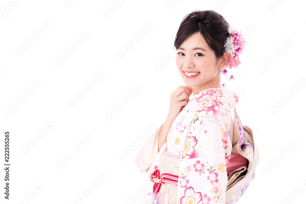 portrait of young asian woman wearing pink kimono on white background portrait of young asian woman wearing pink kimono on white background