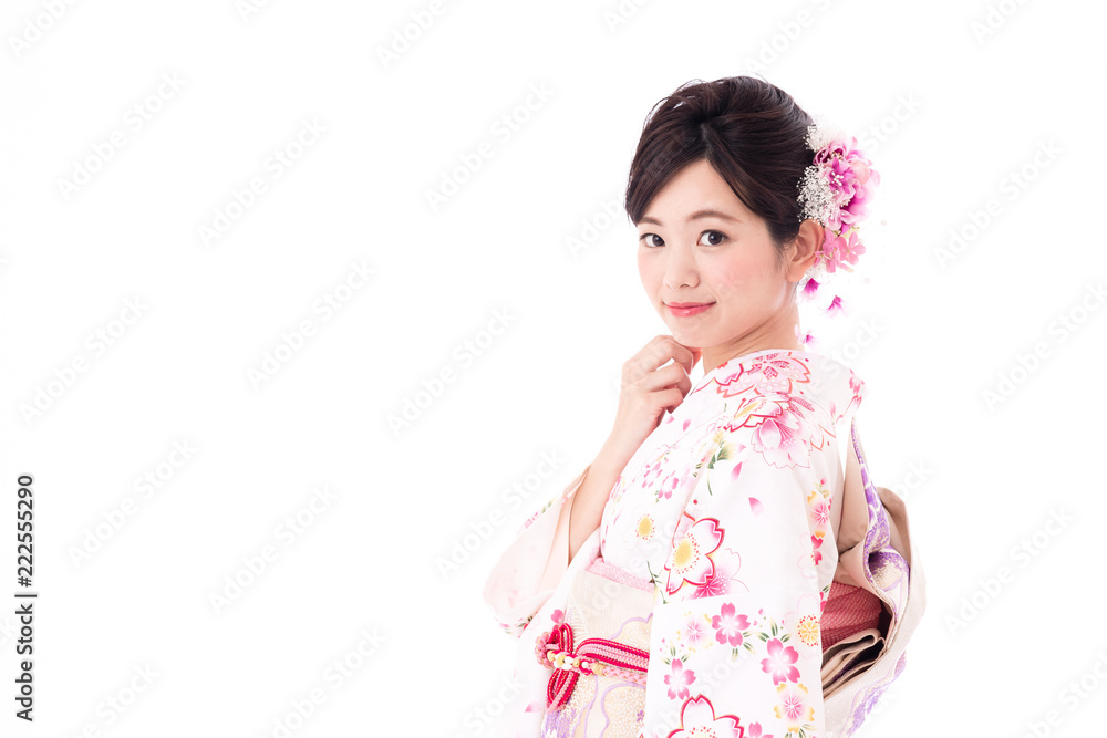 portrait of young asian woman wearing pink kimono on white background portrait of young asian woman wearing pink kimono on white background