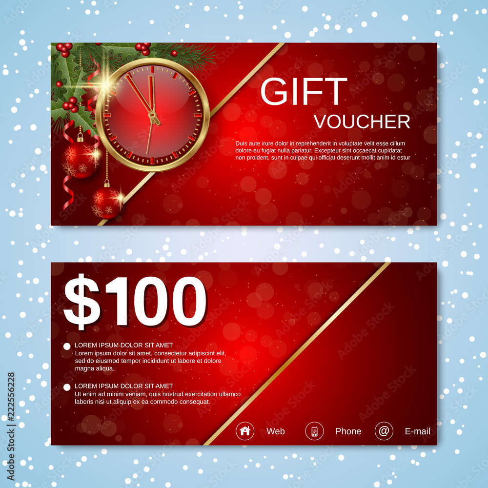 Christmas and New Year discount coupon, gift voucher, invitation card vector template