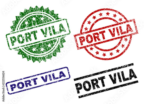 PORT VILA seal prints with corroded style. Black, green,red,blue vector rubber prints of PORT VILA caption with dust style. Rubber seals with circle, rectangle, medal shapes.