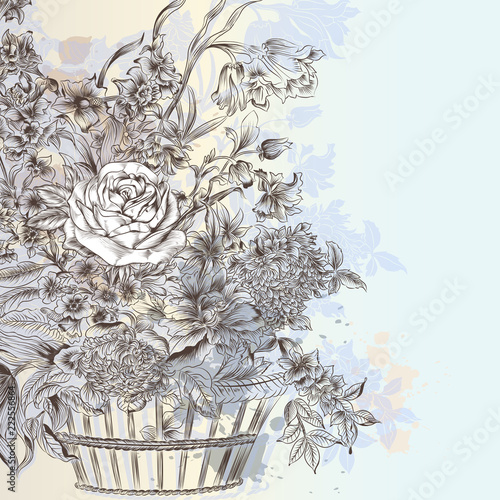 Illustration with beautiful vector hand drawn bouquet of flowers in basket