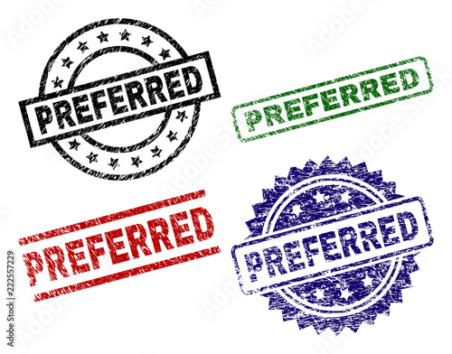 PREFERRED seal stamps with damaged surface. Black, green,red,blue vector rubber prints of PREFERRED title with scratched surface. Rubber seals with round, rectangle, medallion shapes.