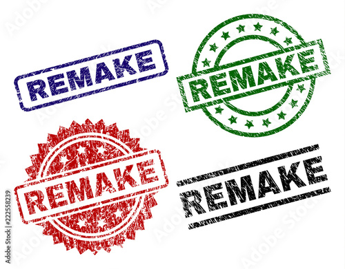 REMAKE seal prints with corroded style. Black, green,red,blue vector rubber prints of REMAKE text with corroded surface. Rubber seals with round, rectangle, medal shapes.