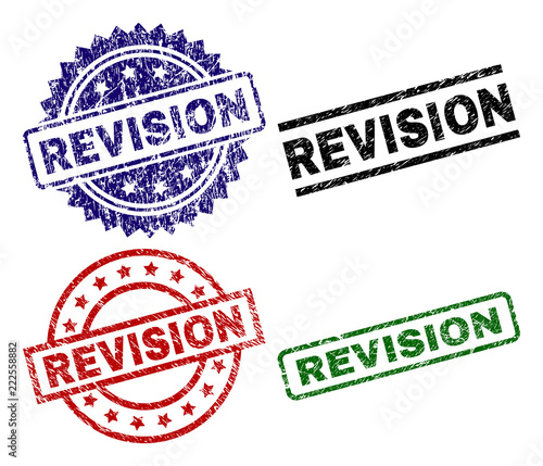REVISION seal prints with distress surface. Black, green,red,blue vector rubber prints of REVISION title with dust surface. Rubber seals with circle, rectangle, rosette shapes.