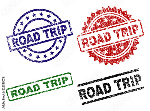 ROAD TRIP seal prints with distress surface. Black, green,red,blue vector rubber prints of ROAD TRIP caption with corroded surface. Rubber seals with circle, rectangle, medal shapes.