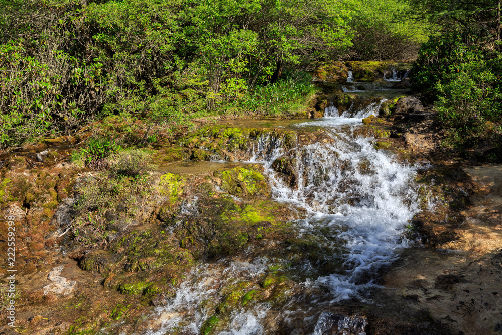 Fototapeta premium Waterfall in Huanglong Scenic Area in Sichuan Province, China. Water flowing over beautiful exotic natural yellow geological landforms, erosion over time. Chinese Yellow Dragon Terraces, National Park
