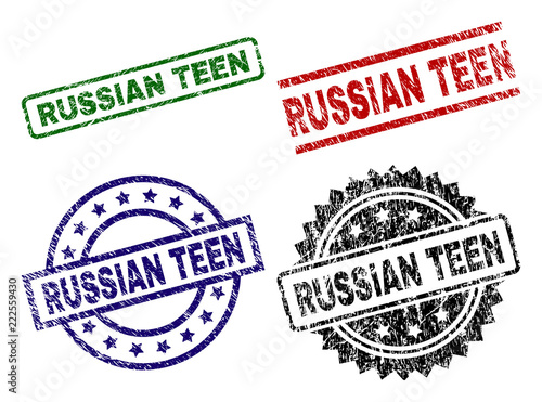 RUSSIAN TEEN seal prints with distress texture. Black, green,red,blue vector rubber prints of RUSSIAN TEEN title with grunge texture. Rubber seals with circle, rectangle, rosette shapes.