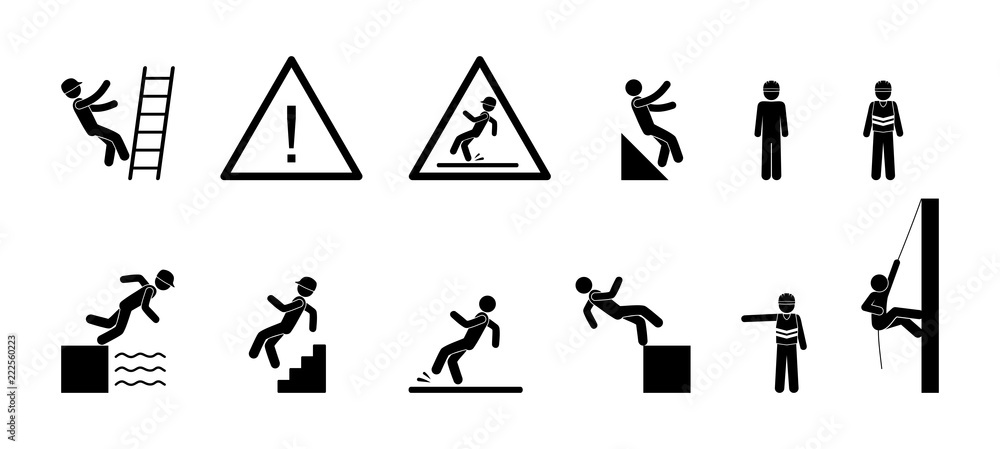 icon man drops, industrial safety symbols, stick figure people, pictogram warning sign