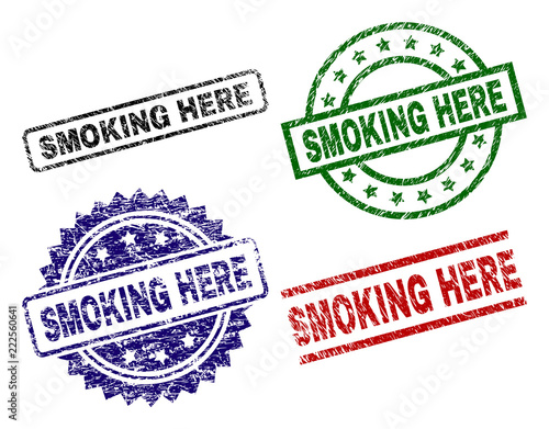 SMOKING HERE seal prints with distress surface. Black, green,red,blue vector rubber prints of SMOKING HERE title with grunge surface. Rubber seals with round, rectangle, medal shapes.