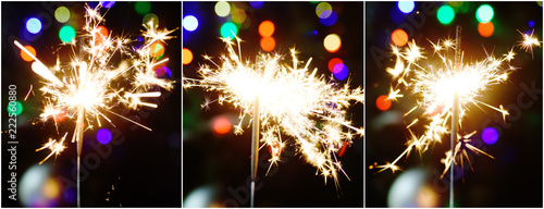 Collage of bright sparklers with Christmas tree on background