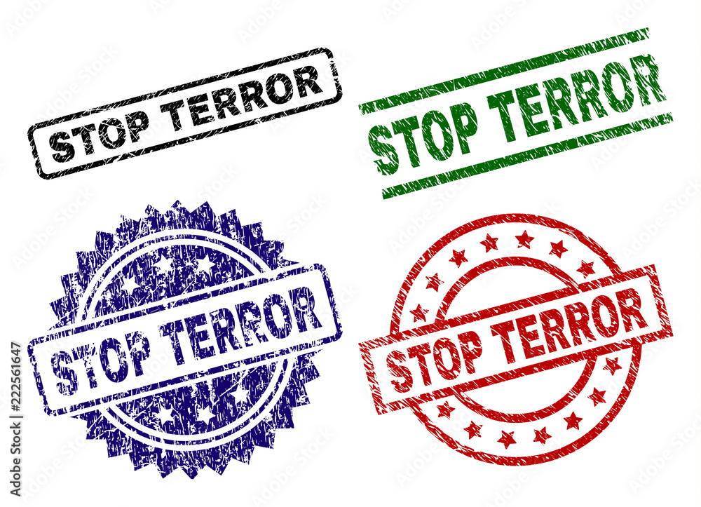STOP TERROR seal prints with distress surface. Black, green,red,blue vector rubber prints of STOP TERROR caption with unclean surface. Rubber seals with round, rectangle, medallion shapes. STOP TERROR seal prints with distress surface. Black, green,red,blue vector rubber prints of STOP TERROR caption with unclean surface. Rubber seals with round, rectangle, medallion shapes.