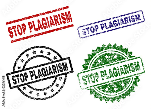 STOP PLAGIARISM seal imprints with corroded texture. Black, green,red,blue vector rubber prints of STOP PLAGIARISM title with corroded texture. Rubber seals with round, rectangle, medal shapes.
