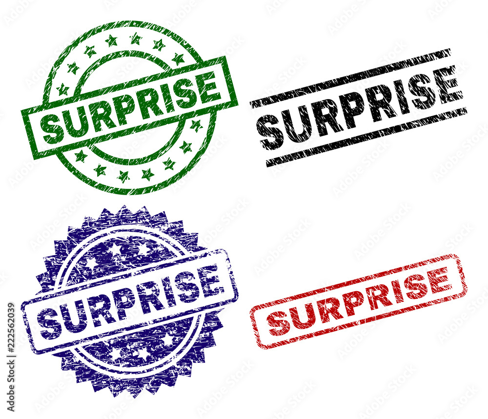 SURPRISE seal prints with distress style. Black, green,red,blue vector rubber prints of SURPRISE caption with dirty style. Rubber seals with circle, rectangle, rosette shapes. SURPRISE seal prints with distress style. Black, green,red,blue vector rubber prints of SURPRISE caption with dirty style. Rubber seals with circle, rectangle, rosette shapes.