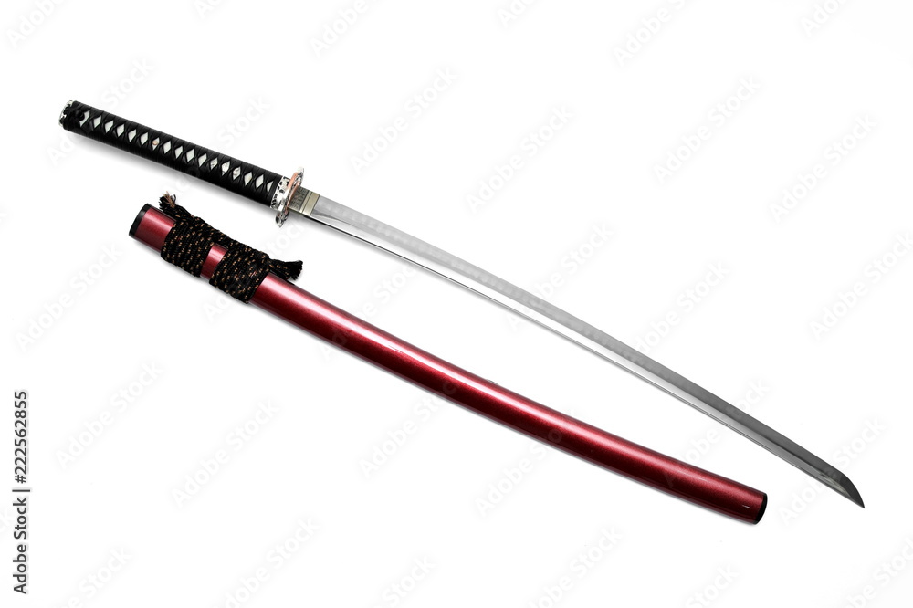 Japanese sword steel fitting and shiny red scabbard on white background. Japanese sword steel fitting and shiny red scabbard on white background.