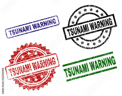 TSUNAMI WARNING seal prints with corroded style. Black, green,red,blue vector rubber prints of TSUNAMI WARNING tag with scratched surface. Rubber seals with round, rectangle, medal shapes.